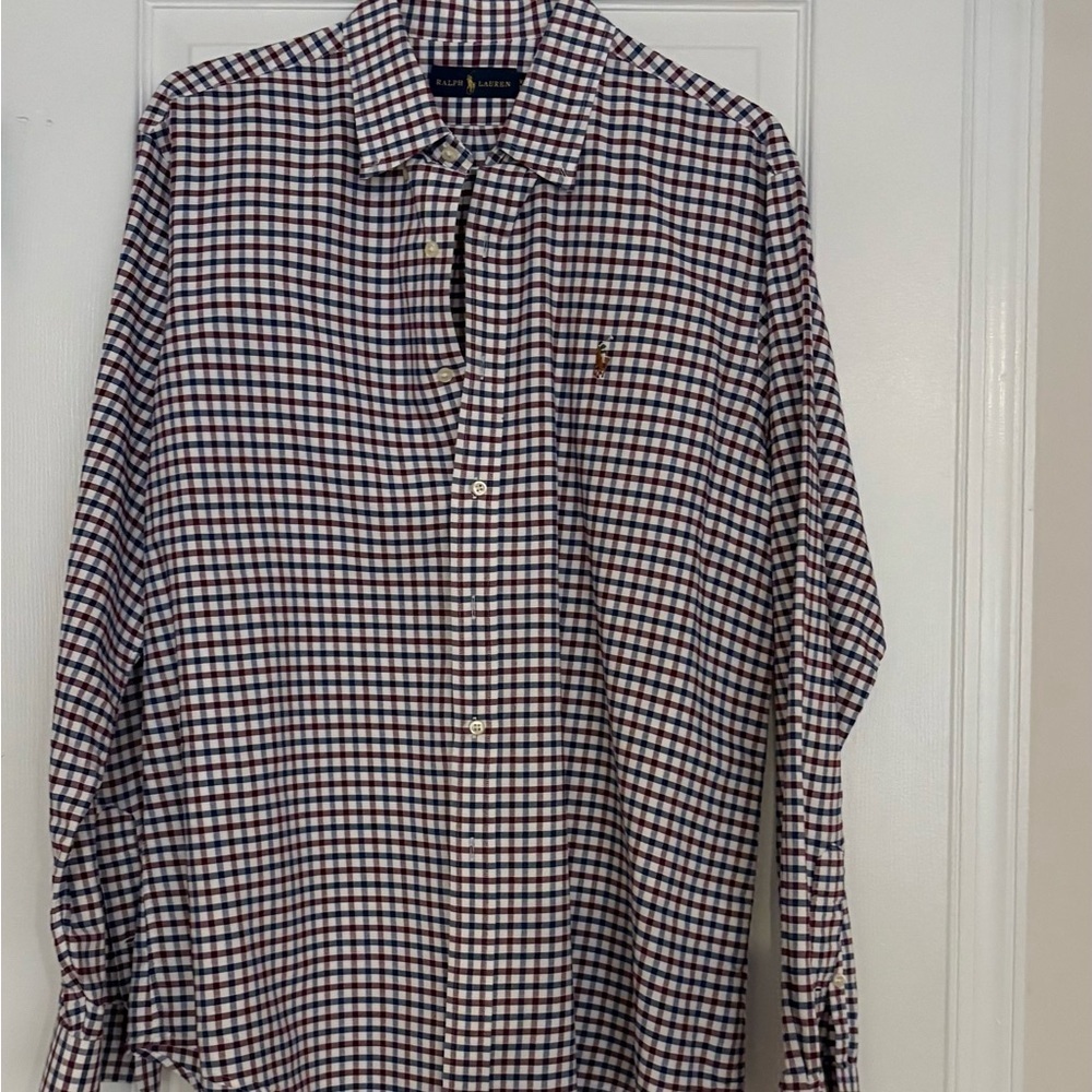 Men’s Polo Ralph Lauren Burgundy Navy Mini Check Button-Down Shirt Size XL TG